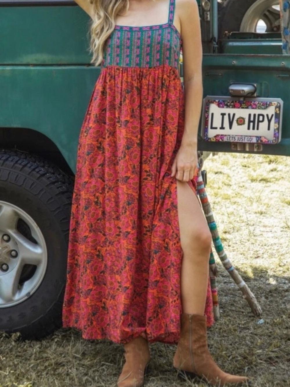 Natural Life Patti Side Slit Mixed Floral Print Maxi Dress Med Boho Chic